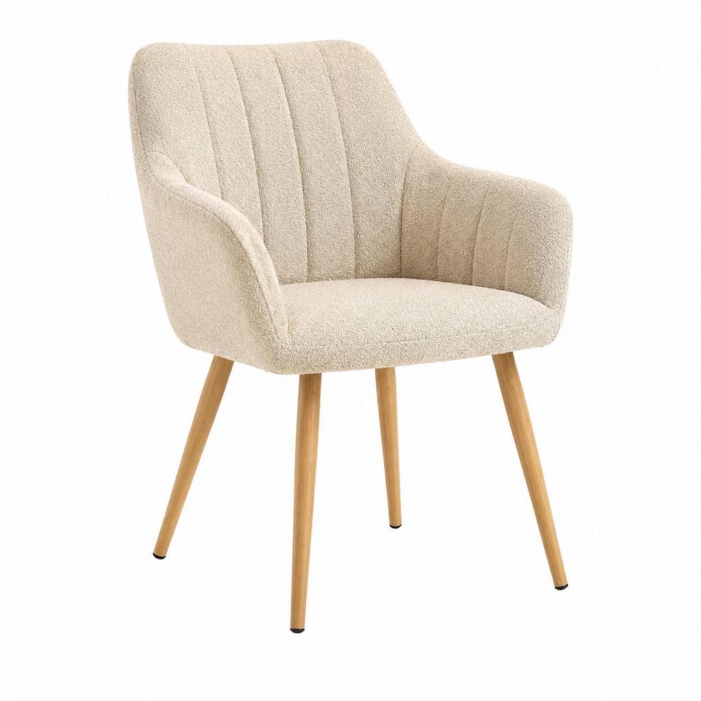 Esszimmerstuhl mit Armlehnen Creme Polyester Teddybezug Holzbeine 59 x 62 x 83 cm