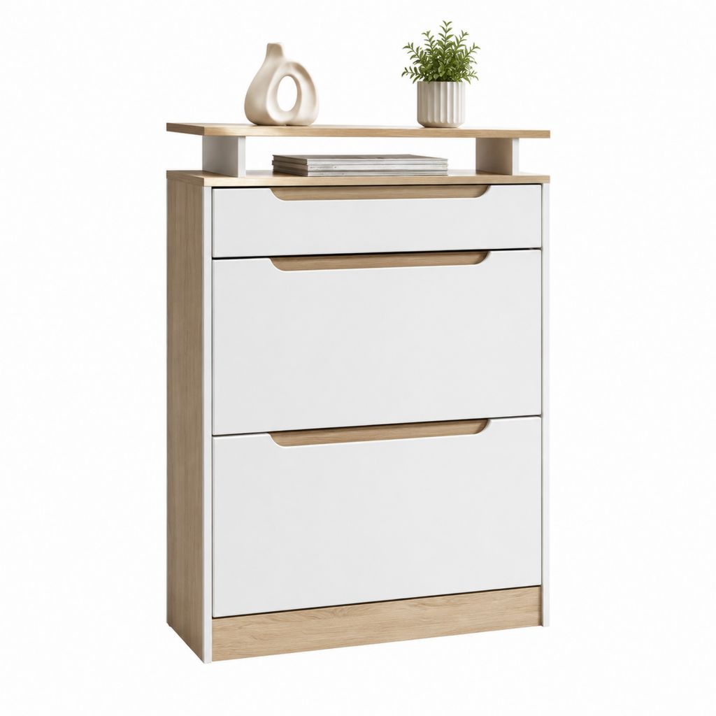 Schuhschrank mit 2 Klappen und Schublade Weiß Eicheoptik MDF 80 x 30 x 110 cm