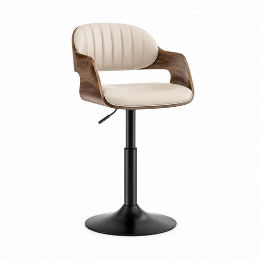 Drehbarer Barstuhl Beige aus PU-Kunstleder und Nussbaumfurnier mit Höhenverstellung 57 x 54 x 86-106 cm