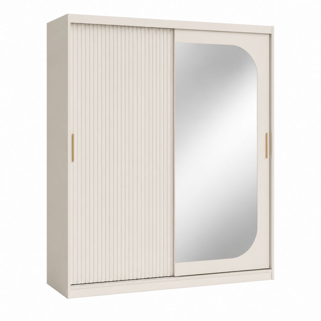 Schwebetürenschrank Cremeweiß aus Spanplatte mit Spiegel rechteckig 180 x 60 x 200 cm