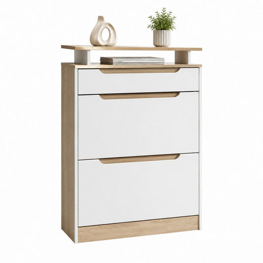 Schuhschrank mit 2 Klappen und Schublade Weiß Eicheoptik MDF 80 x 30 x 110 cm