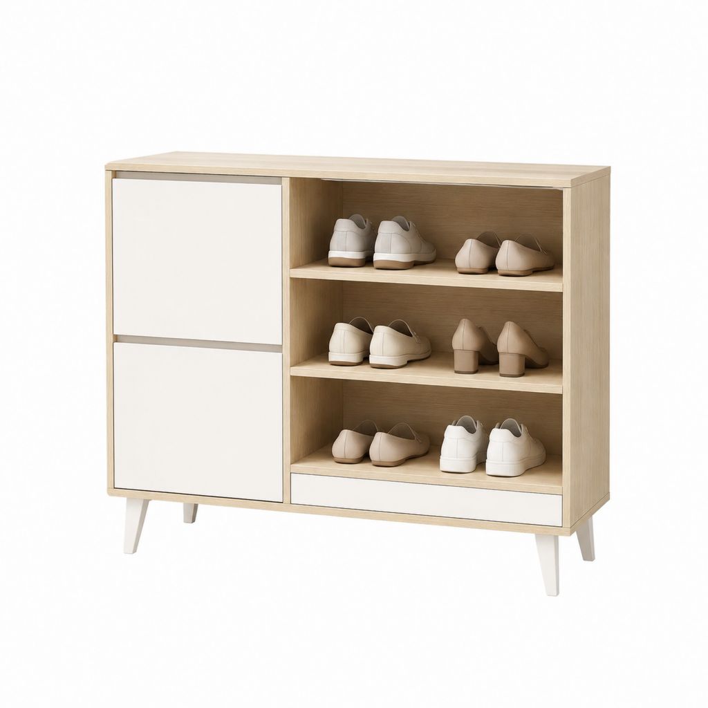 Schuhschrank mit 2 Türen 1 Schublade und 3 offenen Fächern aus Spanplatte in Hellbeige und Weiß rechteckig 100 x 35 x 90 cm